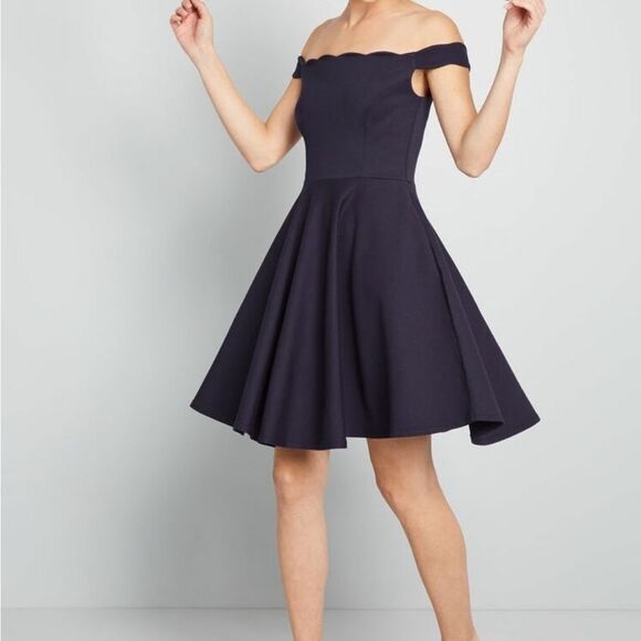 Modcloth Navy Forever Fave‎ Scalloped Off the Shoulder A-line Midi Dress Small - Picture 1 of 12